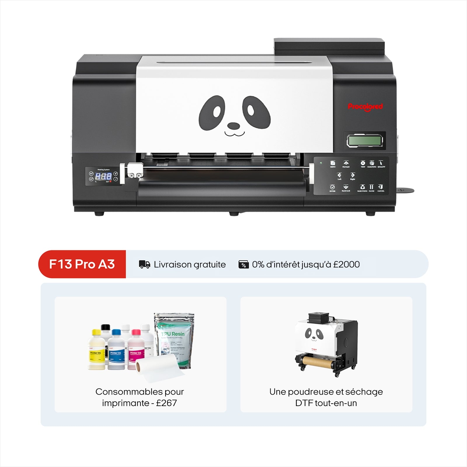 Imprimante DTF Procolored F13 Pro Panda 13" A3 Dual XP600 & Pack avec poudreuse